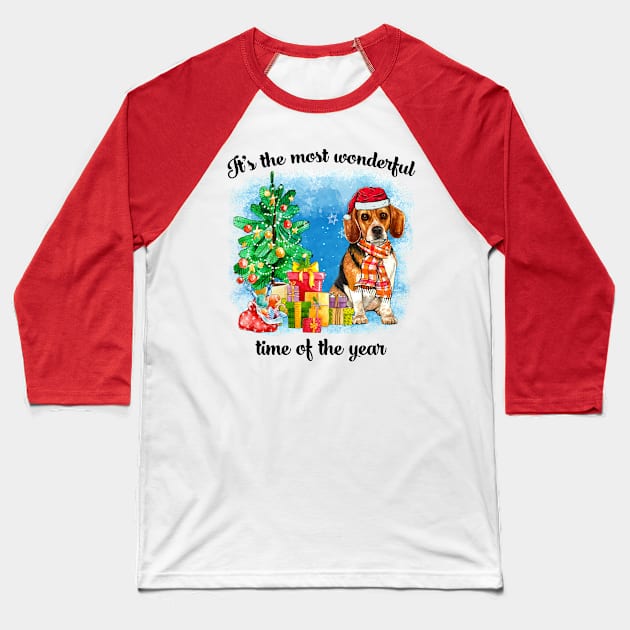 Beagle Dog Christmas Its the most Wonderful Time Santa Hat Buffalo Plaid Dog Mom Baseball T-Shirt by AllWellia